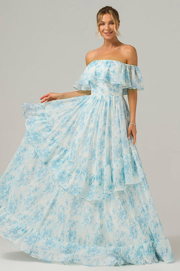 Hvid blå blomster, fra skulderen, Boho lang brudepigekjole med flæser